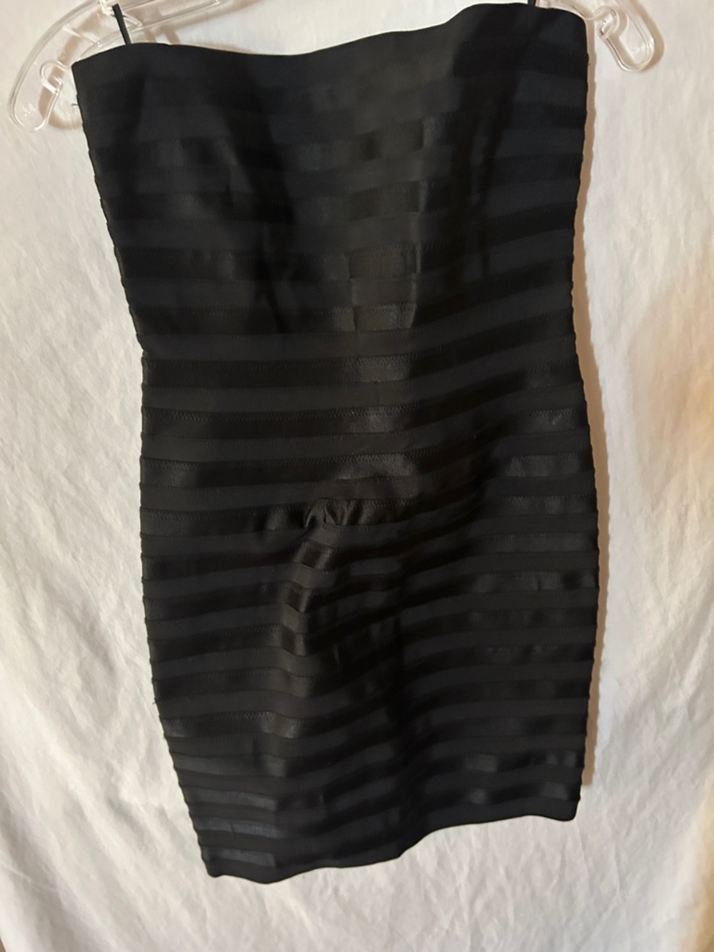 bebe Strapless Black Horizontal-Striped Bodycon Dress